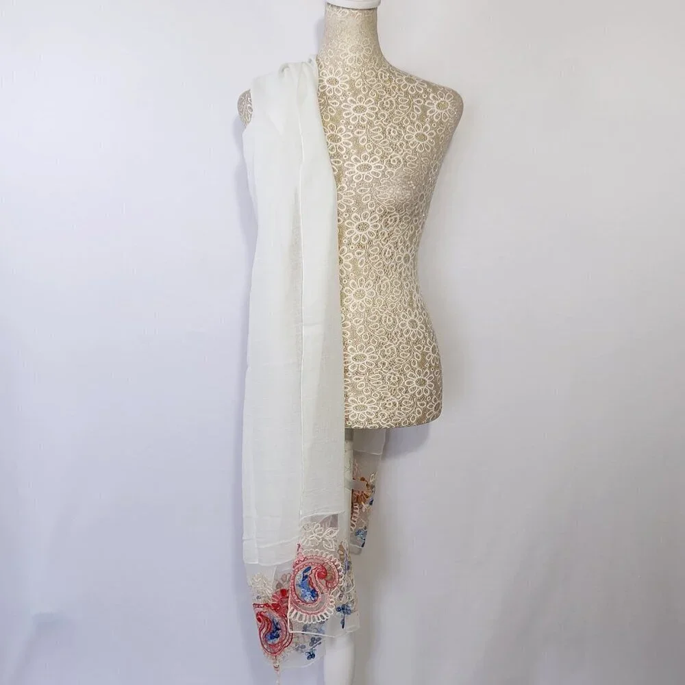 Scarf Women's Rectangle White Detailed Floral Embroidered Linen Blend Boho City